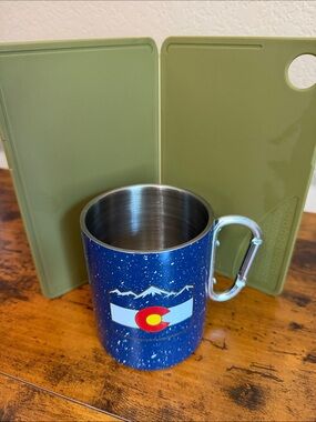 Campers Bundle -Camp Mug with Carabiner Handle and Colorado Graphic - cut board